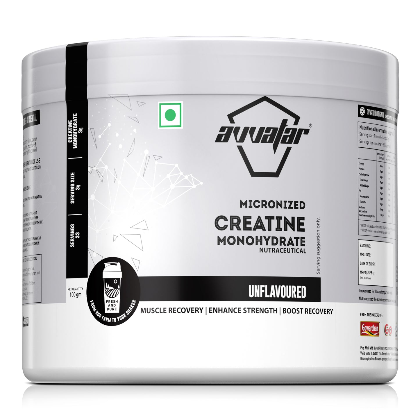 avvatar Micronized Creatine Monohydrate Powder (100 G,33 Servings)| Unflavoured