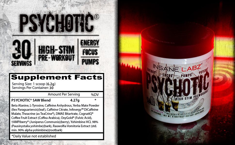 Psychotic SAW®, High Stim Pre Workout 30 serving watermelon flavour
