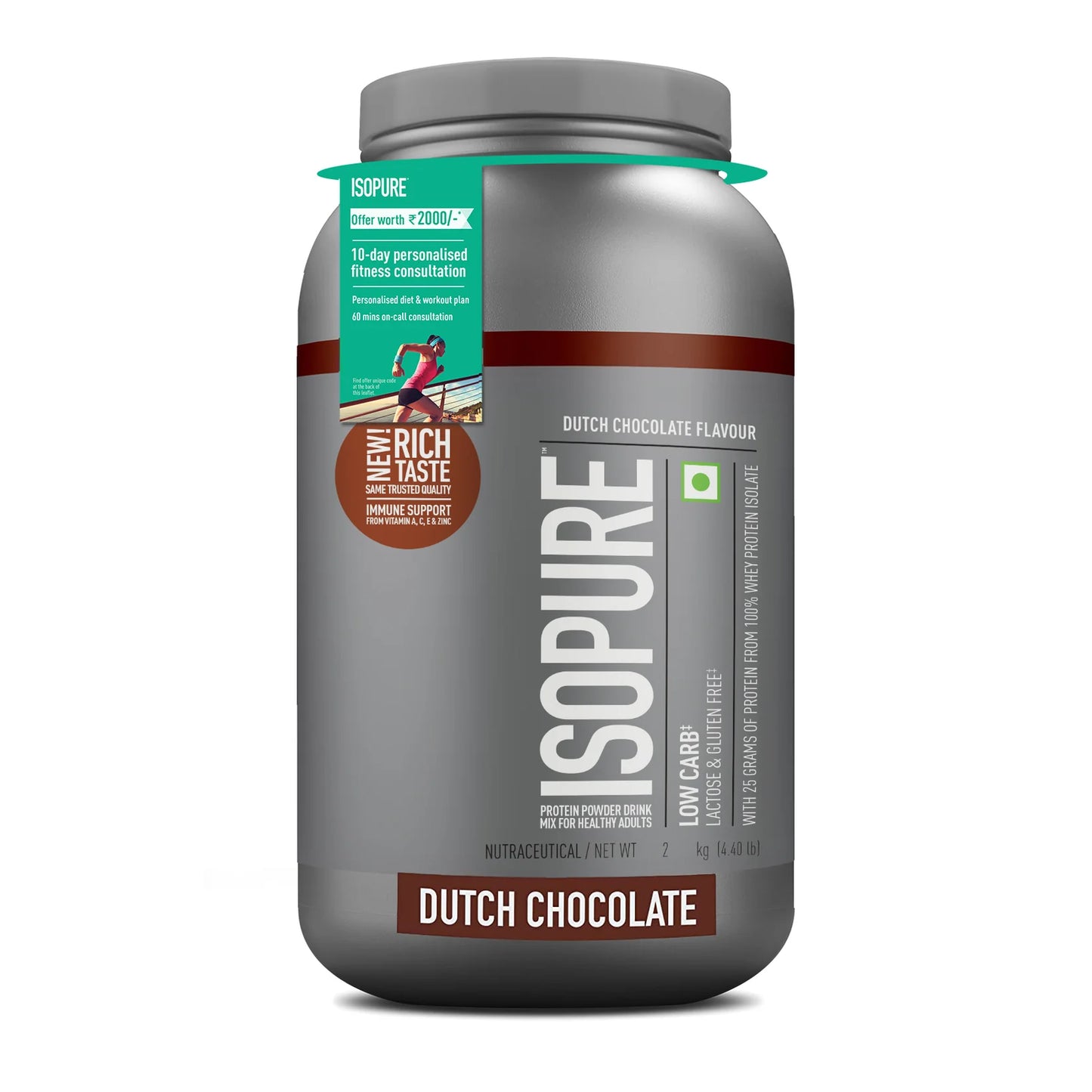 Isopure Whey Protein Isolate Powder with Vitamins for Immune Support - 2kg (Dutch Chocolate)